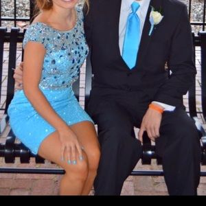 Short, blue Sherri Hill prom dress